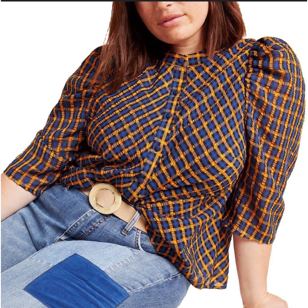 22. Eva Franco Blue & Orange Blouse Size 10 - Picture 3 of 9